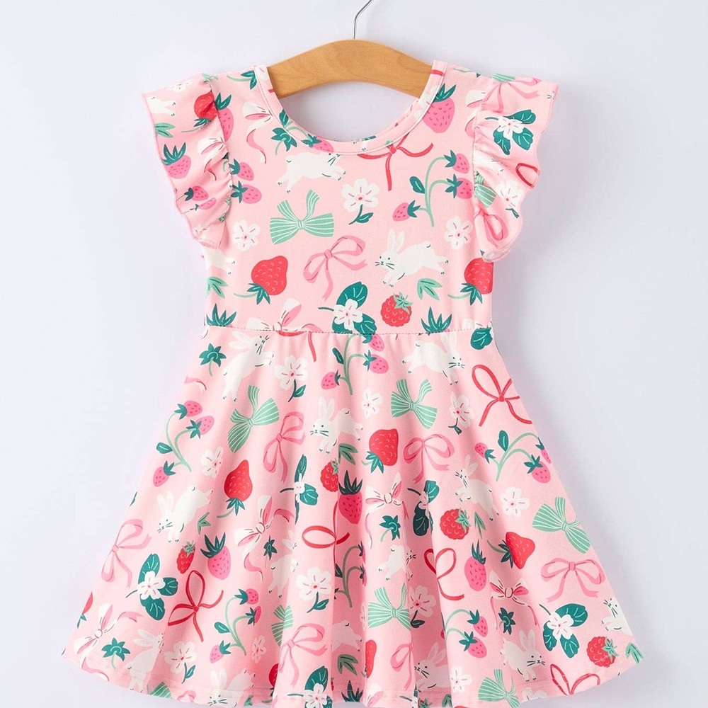 Rylee Faith Designs Pink Floral Easter Bunny Bows Strawberries Dress 5